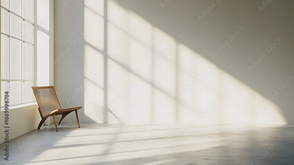 Fototapeta premium Spacious and minimalistic interior with natural light casting soft shadows on a clean, white wall.