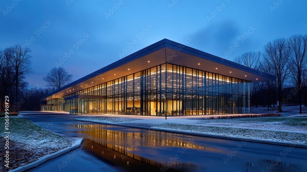 Modern building with glass facade and a reflecting pool in front. Modern building with glass facade and a reflecting pool in front.
