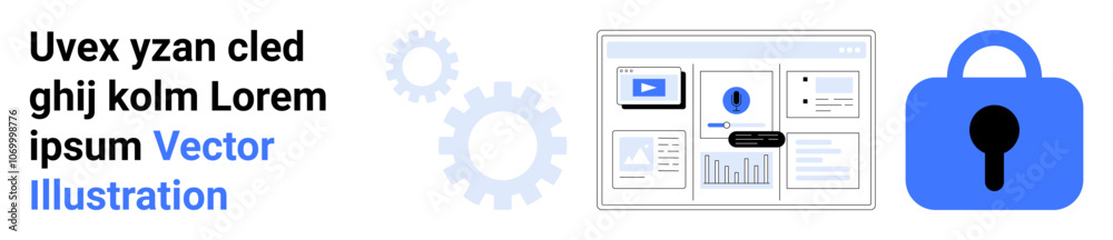 Blue lock icon, monitor screen with data graphs, video, gear icons. Ideal for cybersecurity, data protection, tech solutions, online security, IT services, SaaS, analytics. Banner for landing page Blue lock icon, monitor screen with data graphs, video, gear icons. Ideal for cybersecurity, data protection, tech solutions, online security, IT services, SaaS, analytics. Banner for landing page