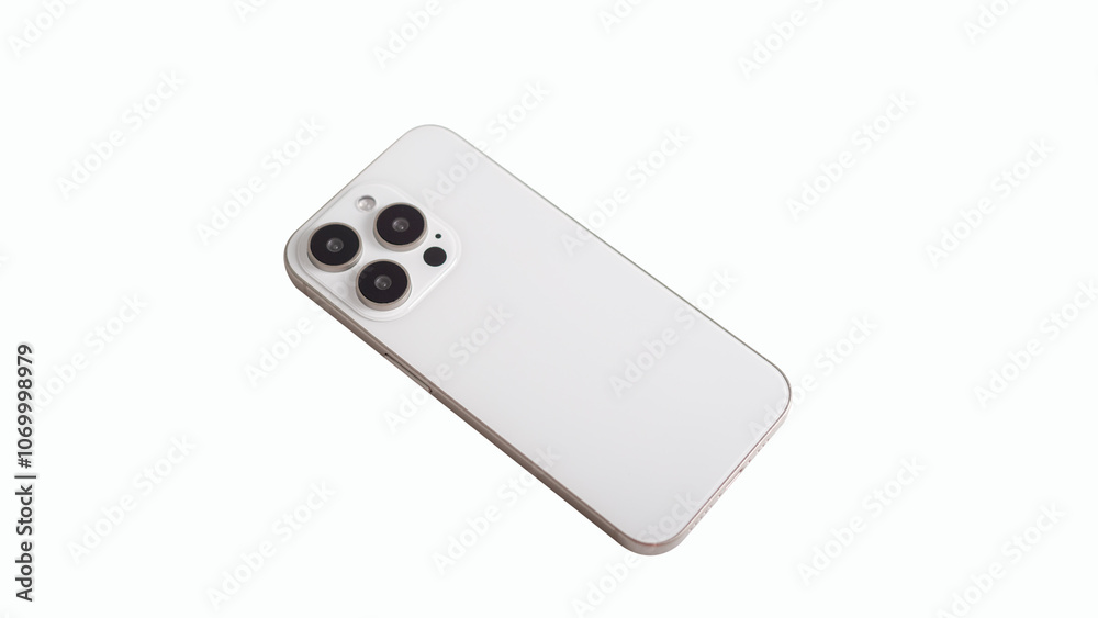 A phone showing its back is placed on a white background. A phone showing its back is placed on a white background.