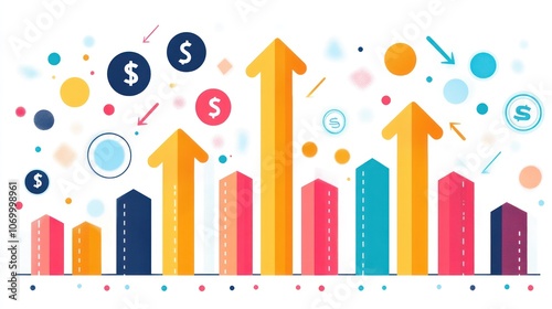 Colorful bar graph with arrows pointing upwards, surrounded by dollar signs and confetti representing growth and success.