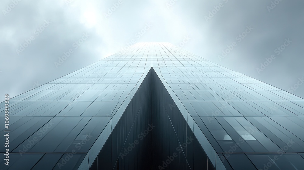 A low angle view of a tall glass skyscraper reaching towards a cloudy sky. A low angle view of a tall glass skyscraper reaching towards a cloudy sky.