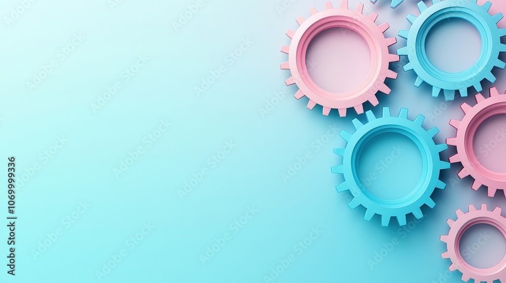 A blue and pink background with a row of gears