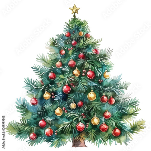 A watercolor of a Christmas tree, isolated on a white background.