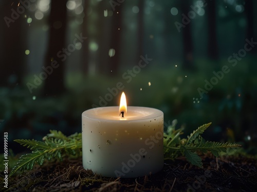 Cozy White Candle in Dark Green Autumn Forest with Fireflies, Fog, Bokeh, and Herbal Smoke