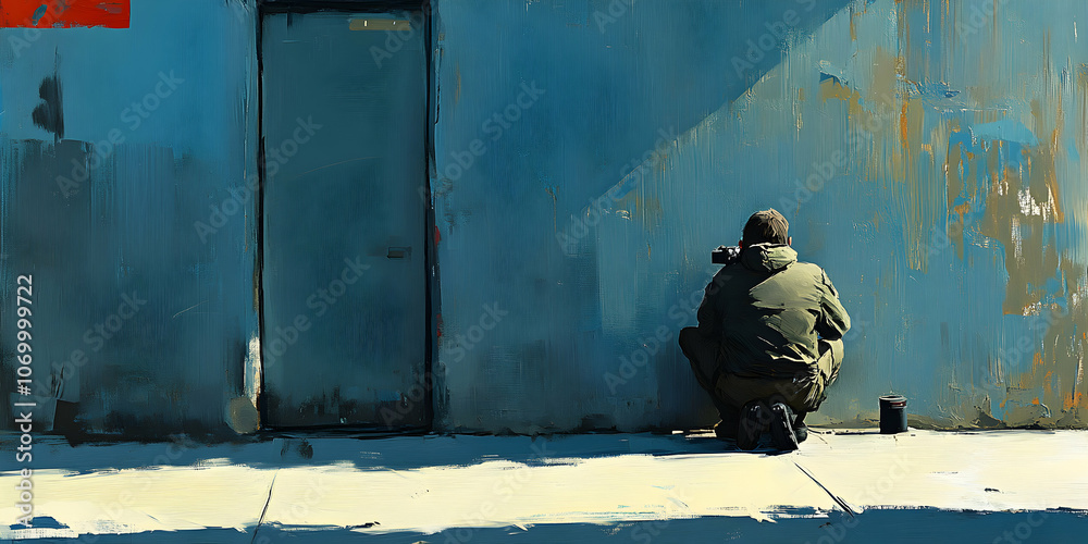 A lone photographer sits crouched beside a blue wall, capturing the light and shadows of the urban landscape. A lone photographer sits crouched beside a blue wall, capturing the light and shadows of the urban landscape.