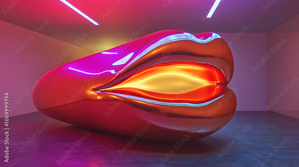A 3D Metallic Sculpture of a Lips in a Room with Neon Lights A 3D Metallic Sculpture of a Lips in a Room with Neon Lights