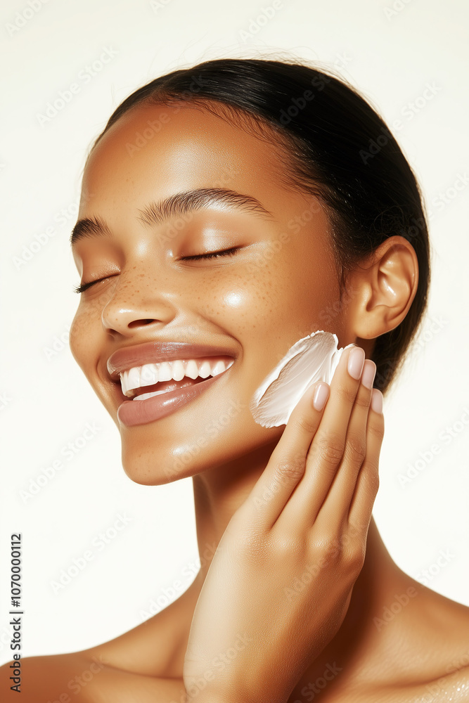 Beautiful black model smiling as she applies skincare products, showcasing a radiant glow.