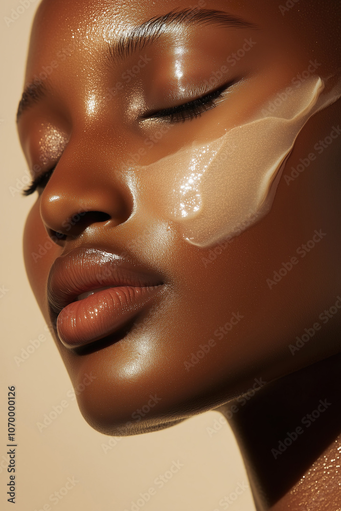 Dark-skinned woman applying a nourishing cream, smiling with a sense of wellbeing and fresh beauty.