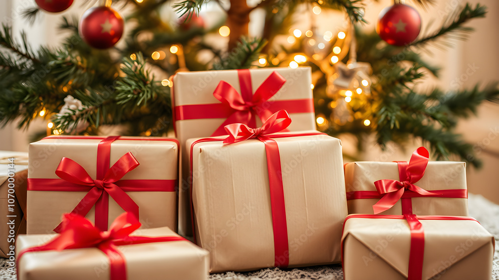 Christmas presents wrapped in brown paper with red ribbons, under a tree. Generative AI Christmas presents wrapped in brown paper with red ribbons, under a tree. Generative AI