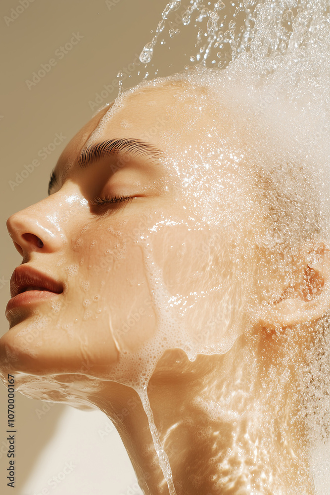 Young woman enjoying a spa-like cleansing routine in a warm, beige-toned studio.