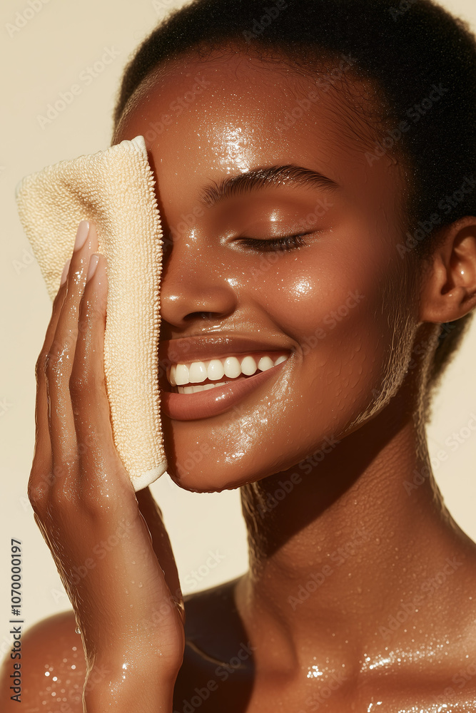 Radiant African woman cleansing her face, exuding self-care and a beautiful, healthy glow.