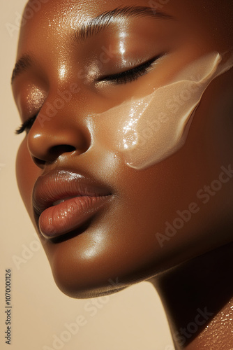 Obraz na płótnie Dark-skinned woman applying a nourishing cream, smiling with a sense of wellbeing and fresh beauty. w salonie
