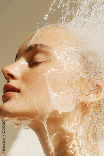 Obraz na płótnie Young woman enjoying a spa-like cleansing routine in a warm, beige-toned studio. w salonie