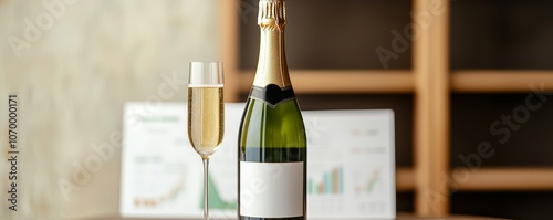 A bottle of champagne with a glass beside it, set against a backdrop of graphs, symbolizing celebration and success. photo