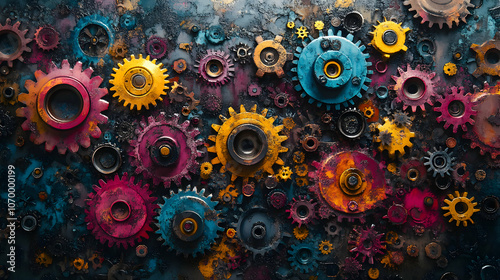 A Colorful and Abstract Arrangement of Rusty Gears with a Distressed Background