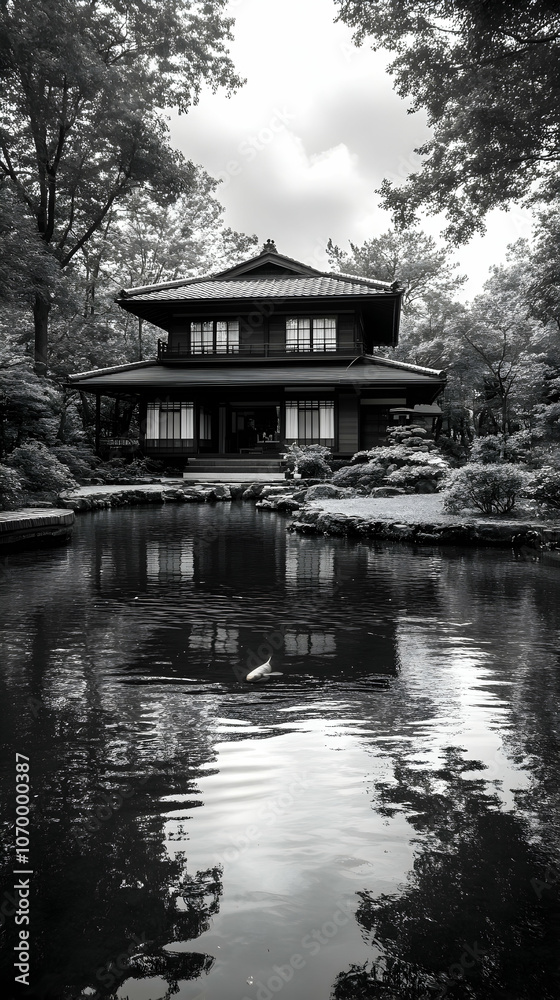 Black and White Photo of a Traditional Japanese House with a Pond and a Fish Black and White Photo of a Traditional Japanese House with a Pond and a Fish