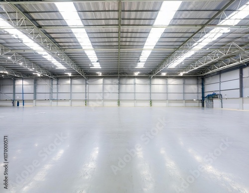 Polished concrete floor reflecting light from skylights in an empty warehouse