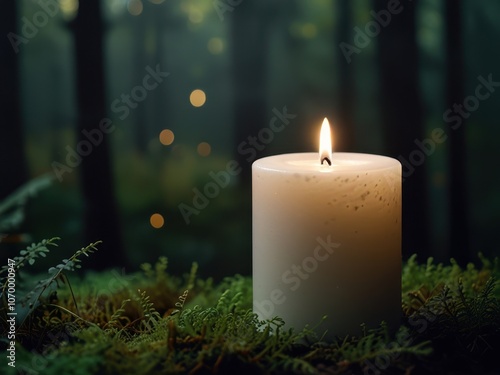 Cozy White Candle in Dark Green Autumn Forest with Fireflies, Fog, Bokeh, and Herbal Smoke