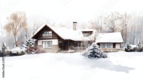 Set in a snowy landscape, the charming house features a unique design with a steep roof and large windows. Snow blankets the ground and branches, crea