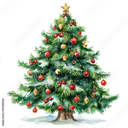 A watercolor painting of a Christmas tree, isolated on a white background.