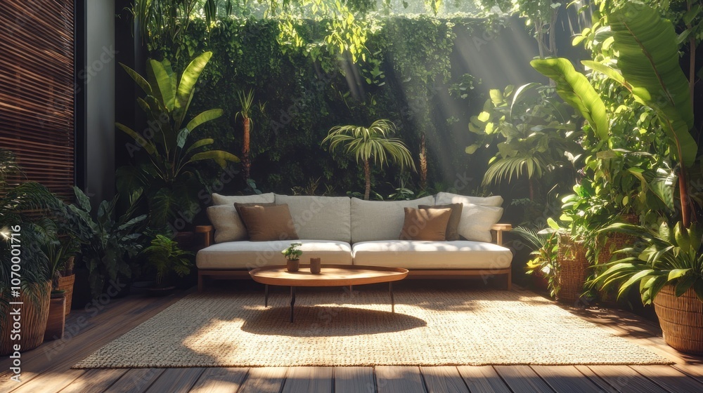 A white sofa with pillows sits on a wooden patio surrounded by lush tropical plants, with sunlight shining through the leaves. A white sofa with pillows sits on a wooden patio surrounded by lush tropical plants, with sunlight shining through the leaves.