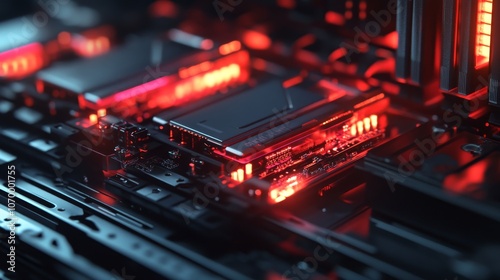 Intricate Computer Circuitry in Red Glow