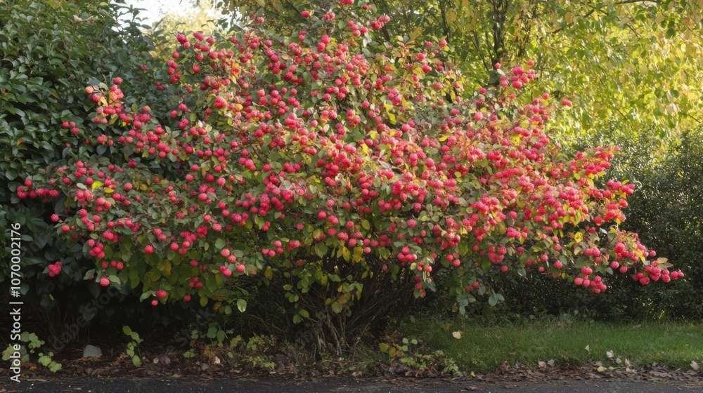 Vibrant flowering shrub with pink and red blossoms in a lush garden setting. Vibrant flowering shrub with pink and red blossoms in a lush garden setting.