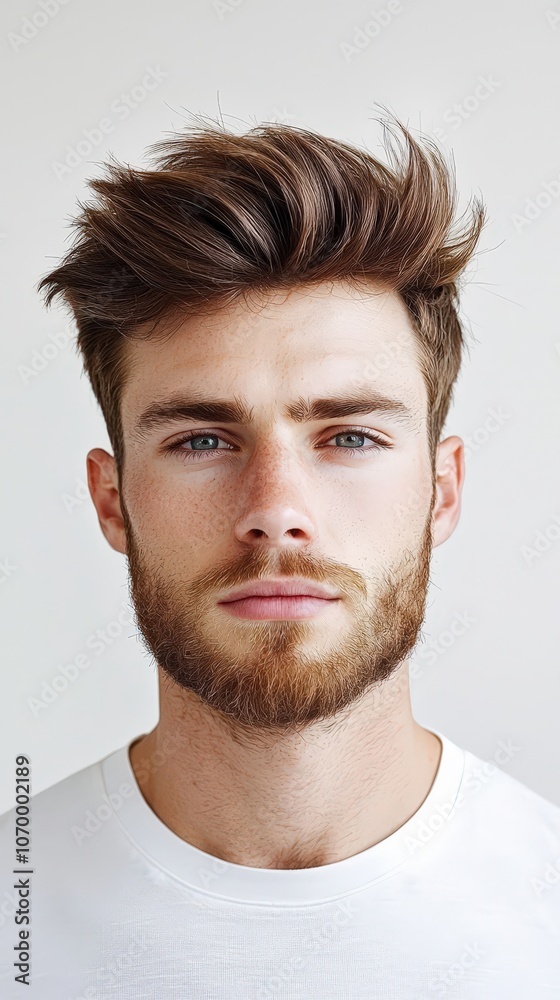 Fototapeta premium A man with a beard and short hair is wearing a white shirt