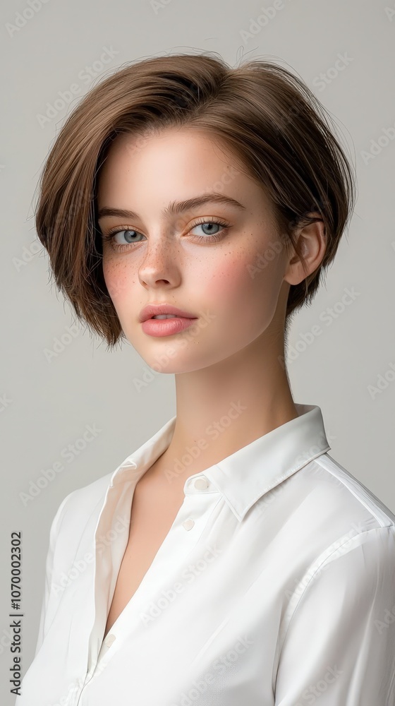 A woman with a short haircut and a white shirt A woman with a short haircut and a white shirt
