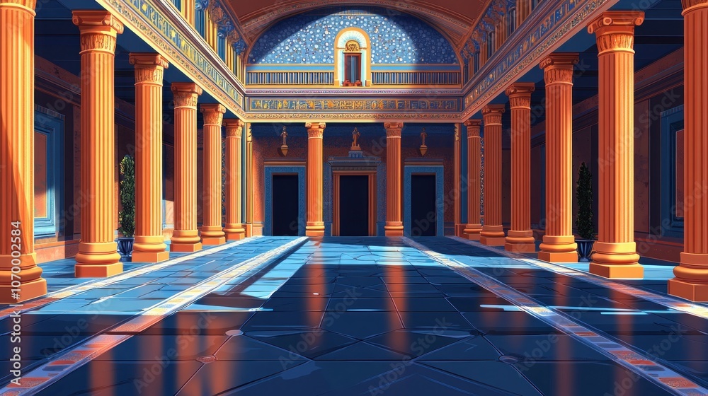 Obraz premium A grand hall with ornate columns and a tiled floor, bathed in warm sunlight.