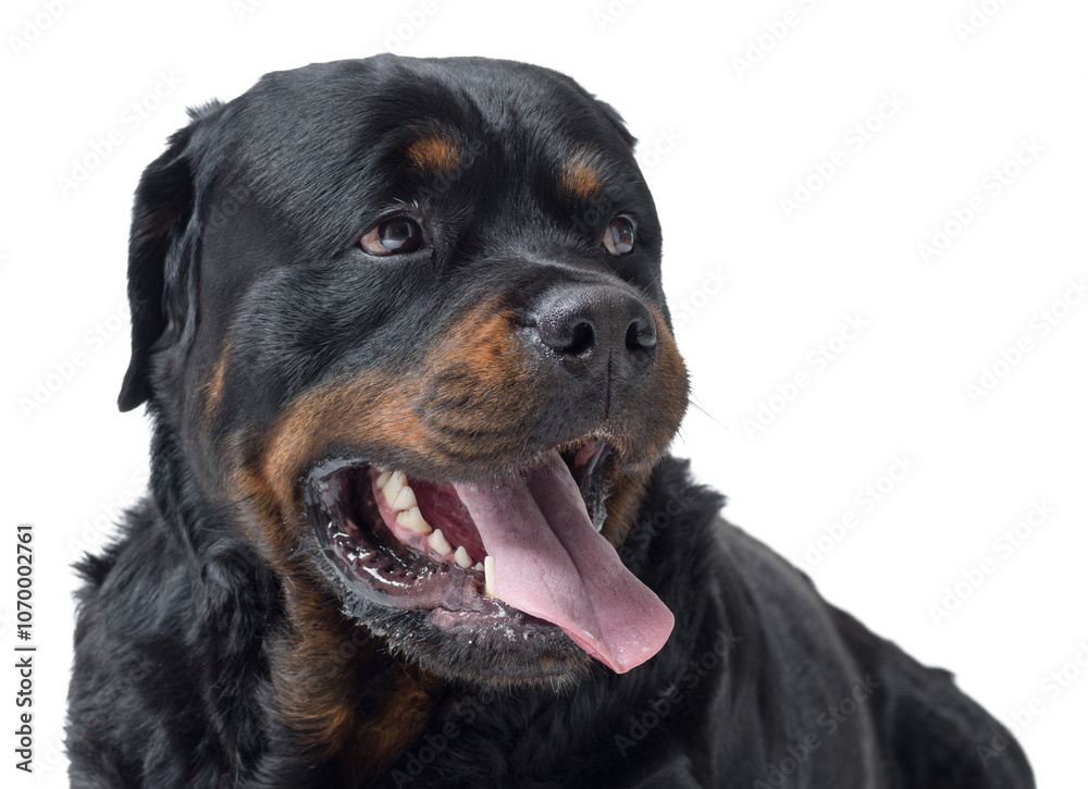 Fototapeta premium Happy Rottweiler headshot on white background