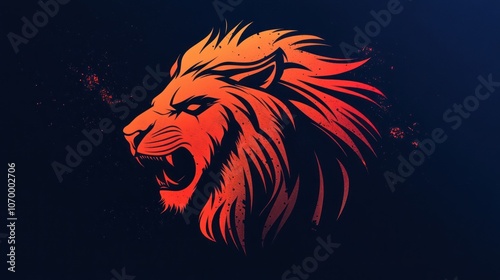 A stylized, roaring lion head in shades of orange and red against a dark blue background with a subtle splattered texture. photo