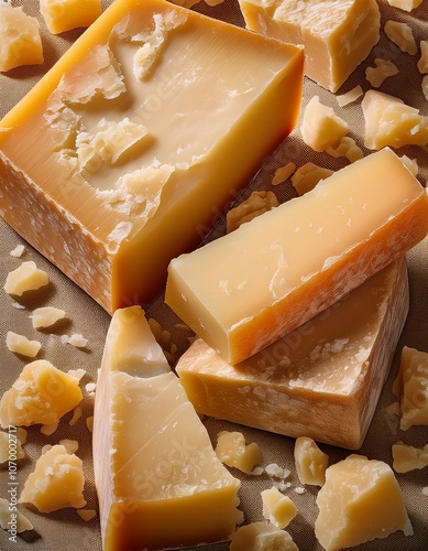 Pieces of delicious parmesan cheese resting on brown cloth