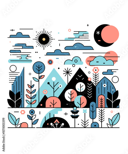 Colorful flat vector of abstract nature with sun, moon, mountains, trees, and clouds in a minimal geometric style. Perfect for backgrounds, posters, and creative designs.