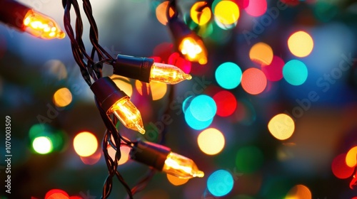 A close-up of stringed Christmas lights illuminating the scene with vibrant colors, creating a cheerful and festive atmosphere. photo