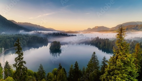 Fog rolling over lake surrounded by forest at sunrise
