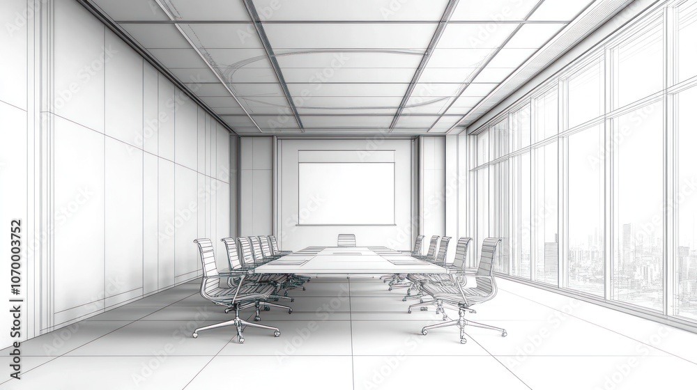 3D rendering of an empty conference room with a large window overlooking a city skyline. 3D rendering of an empty conference room with a large window overlooking a city skyline.
