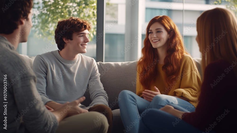 Smiling couple talking with a psychologist seated on a sofa discussing solutions in a cozy office. AI generated Smiling couple talking with a psychologist seated on a sofa discussing solutions in a cozy office. AI generated