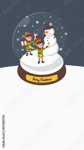 Christmas Crystal Ball with animated santa claus, snowman, elf, christmas tree, snow,  portrait christmas grey background