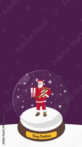 Christmas Crystal Ball with animated santa claus, snowman, elf, christmas tree, snow,  portrait christmas purple background