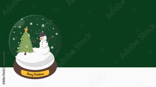 Christmas Crystal Ball with animated santa claus, snowman, elf, christmas tree, snow,  landscape, christmas green background