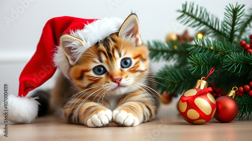 Cute cat with a Santa hat, playing with Christmas decorations. Generative AI