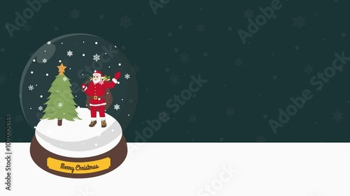 Christmas Crystal Ball with animated santa claus, snowman, elf, christmas tree, snow,  landscape, christmas green background