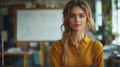 Woman, mentor and whiteboard in office for training, teaching and learning 