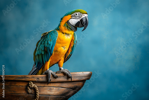 Colorful Pirate Parrot Perched on Ship with Ocean Backdrop blue background