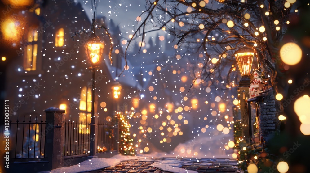 A beautiful winter scene depicting snowy streets illuminated by vintage lamps, creating a warm festive atmosphere. Snowflakes gently fall, enhancing the charm. A beautiful winter scene depicting snowy streets illuminated by vintage lamps, creating a warm festive atmosphere. Snowflakes gently fall, enhancing the charm.