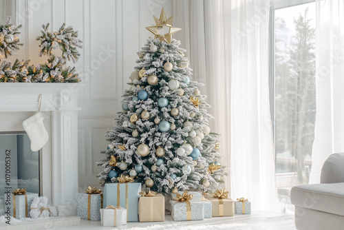 Decorated Christmas tree with presents for new year isolated on white background.