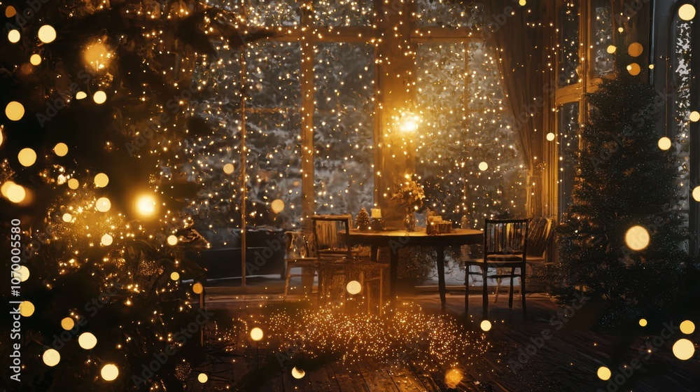 A cozy indoor setting decorated for winter festivities, featuring a table surrounded by chairs and warm lights creating a magical atmosphere. A cozy indoor setting decorated for winter festivities, featuring a table surrounded by chairs and warm lights creating a magical atmosphere.