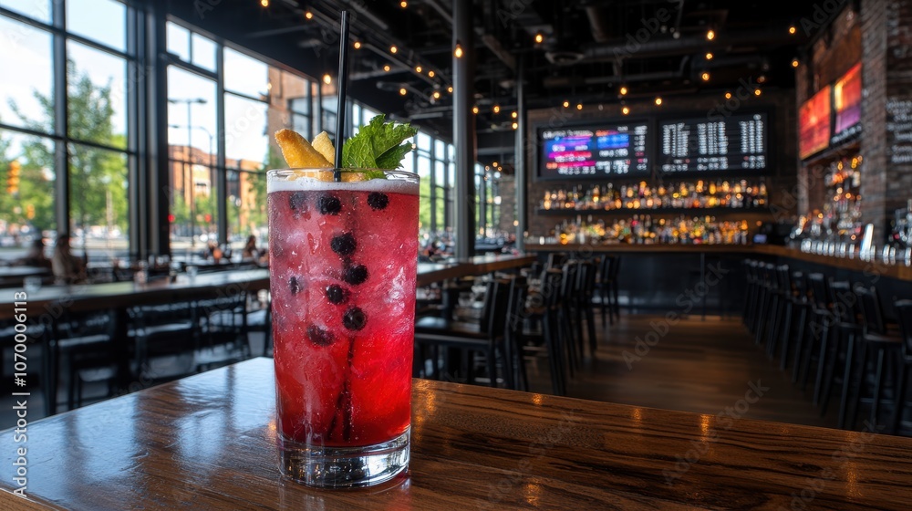 A vibrant berry cocktail with mint and ice served in a spacious, modern bar with large windows and industrial decor. A vibrant berry cocktail with mint and ice served in a spacious, modern bar with large windows and industrial decor.